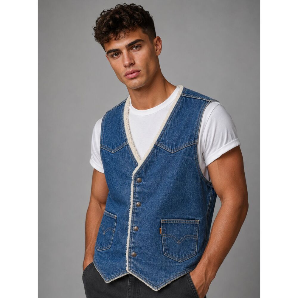 Vintage 70s Levis Sherpa Lined Denim Trucker Vest Mens Large Orange Tab EUC